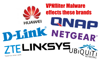 dlink linksys netgear qnap huawei logos VPNfilter malware effected brands