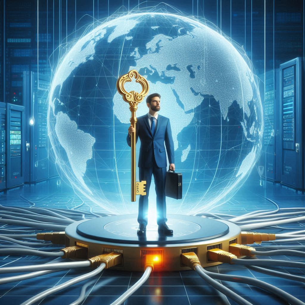 Domain ownership comes with responsibilities. Man standing on round network switch holding a key with large globe in the background.