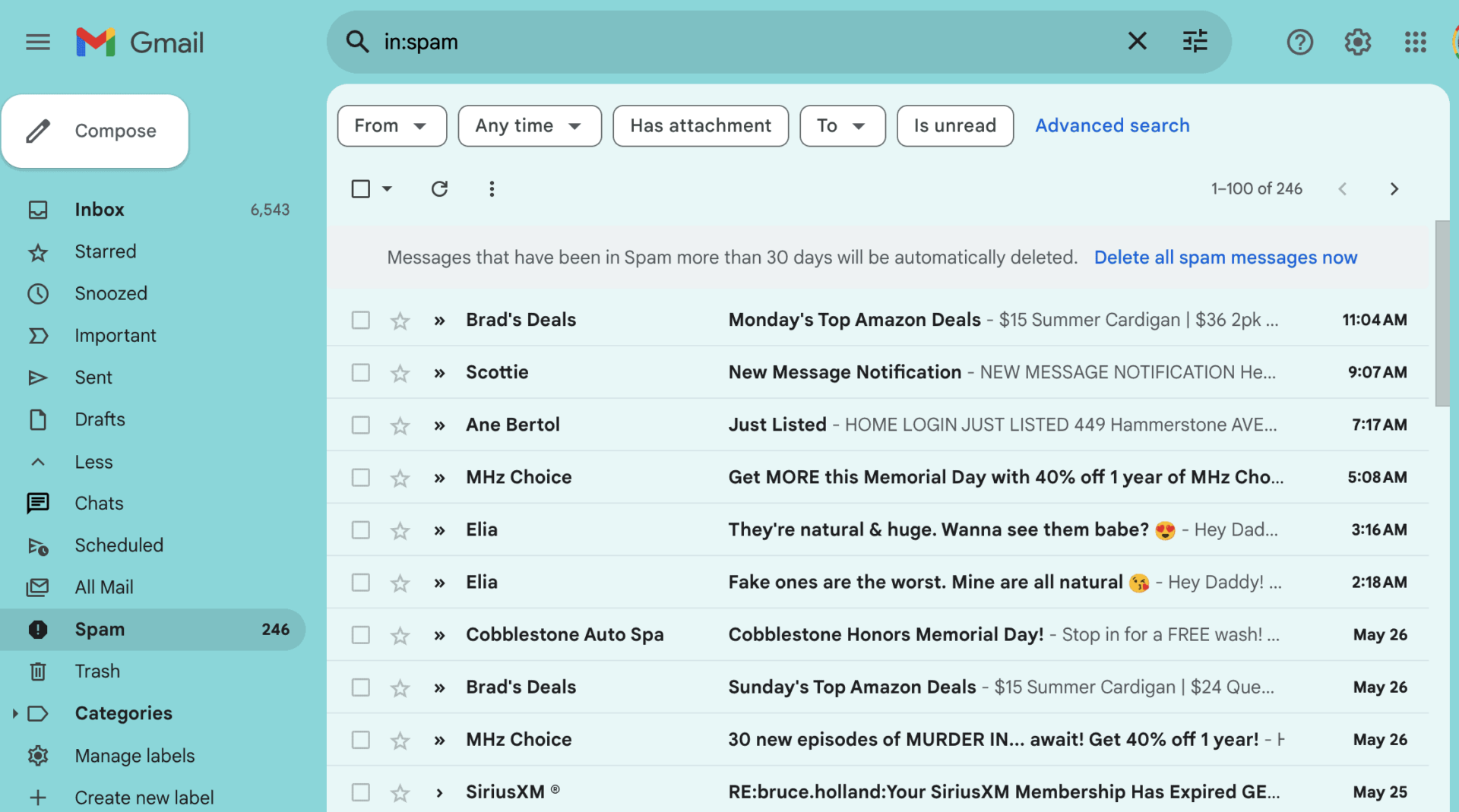 Gmail Spam Folder contents with a turquoise background