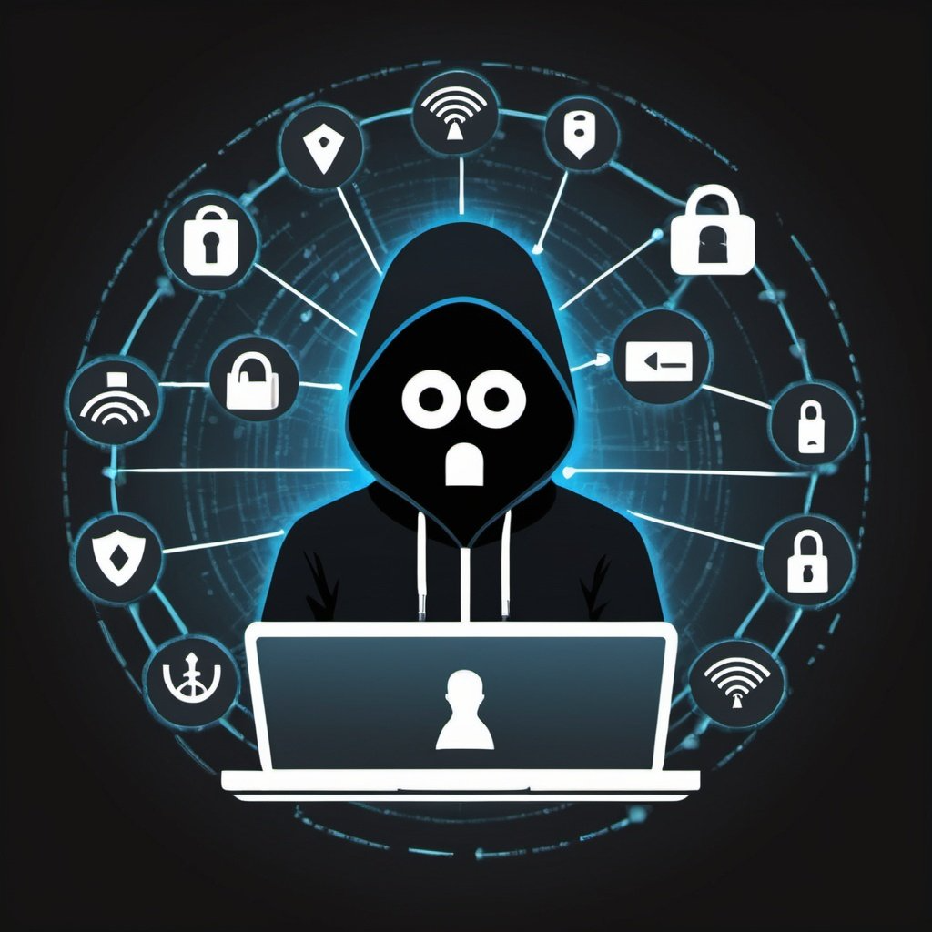 Hooded hacker at a laptop surrounded by lock, wifi and shield symbols